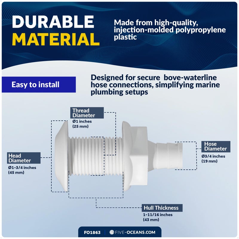 Five Oceans 3/4-Inch Thru-Hull Fittings for Boat, White Injection Molded Polypropylene, Barbed, Resist Harsh Conditions - FO1863 - Image 3